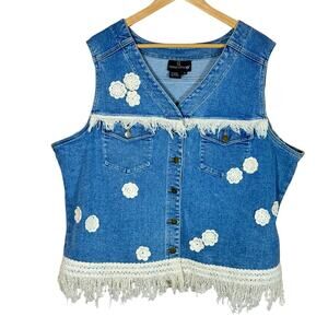 VTG Carole Little Plus Size Vest Denim Crochet Fringe 22 Cottage Western 90s